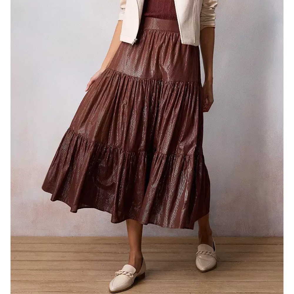 LC Lauren Conrad Brown Tiered Midi Skirt Metallic Stripe Fairycore Sparkle XXL